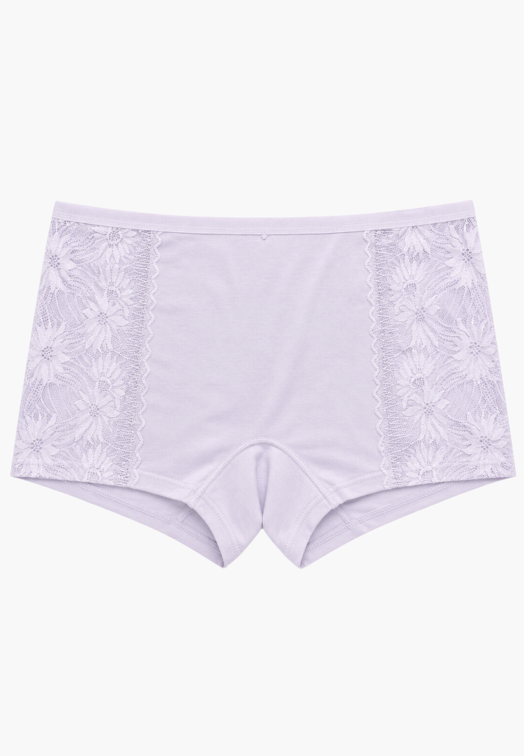 Front view of light purple boyleg panties with floral lace side panels.