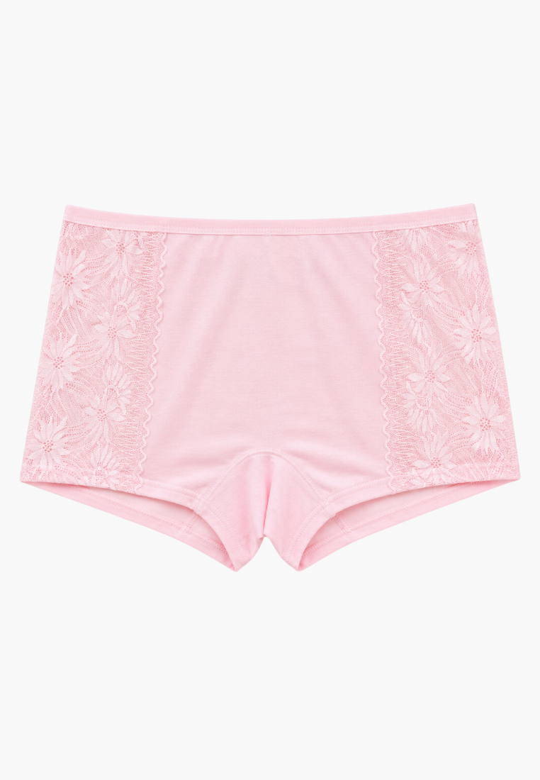 Front view of light pink boyshort panties with floral lace side panels.