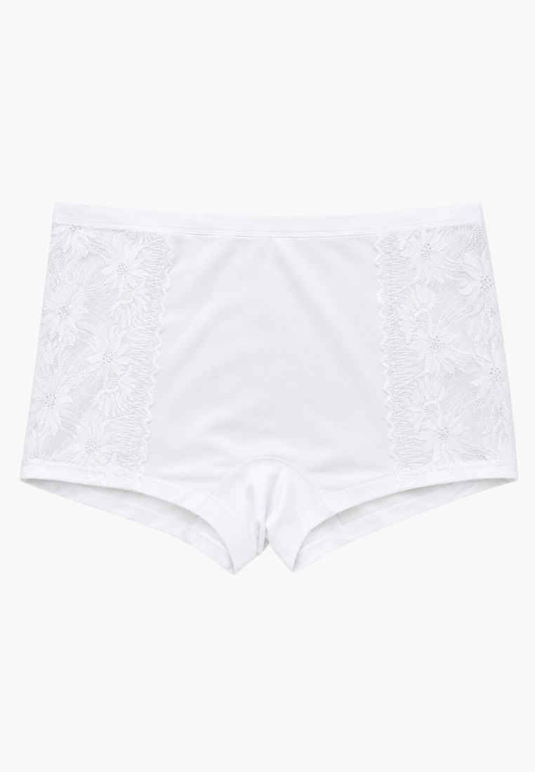 Front view of white high-waisted briefs with floral lace side panels.