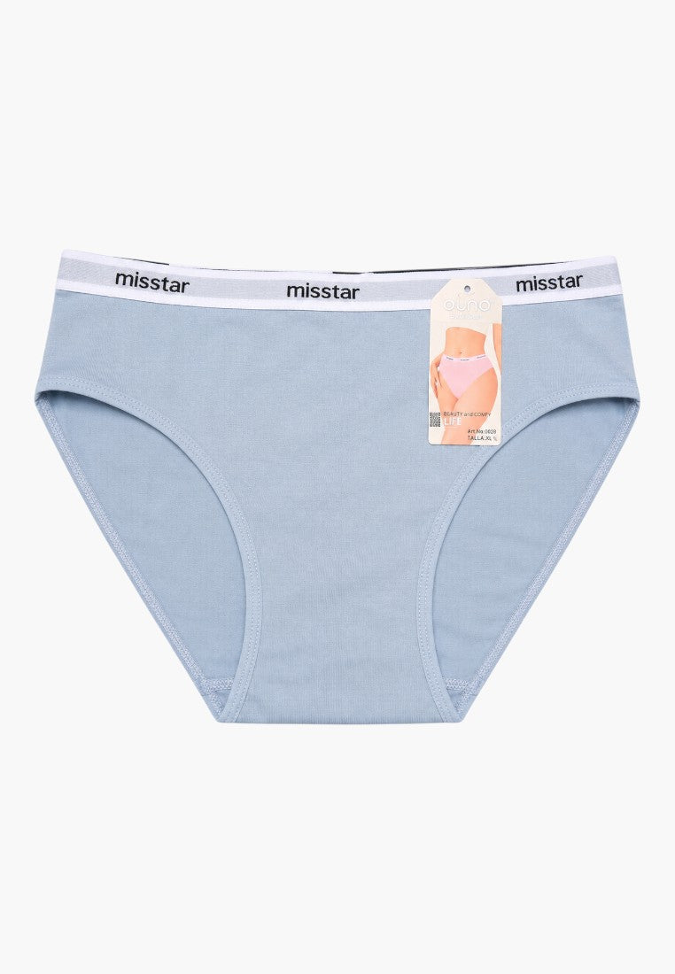 Niebieskie majtki damskie, widok z przodu, na białym tle.