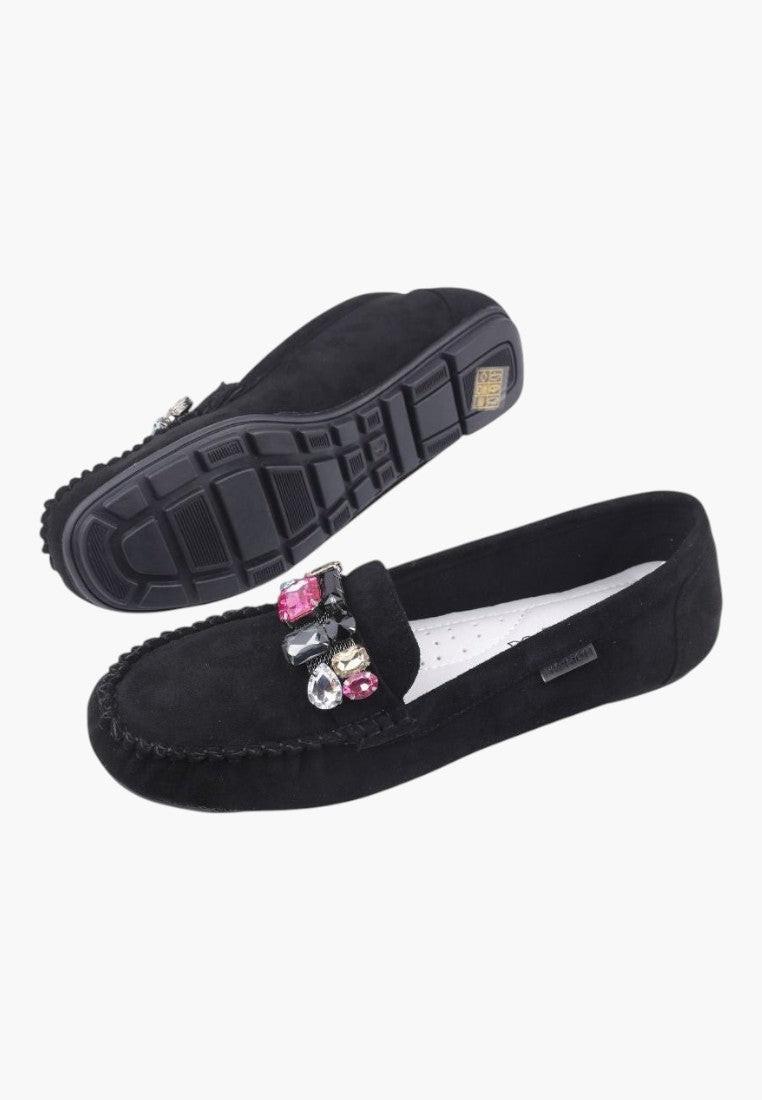 Front view of black slip-on women's moccasins with floral embellishments.