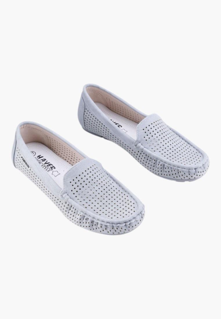 Front view of gray slip-on shoes with textured upper.