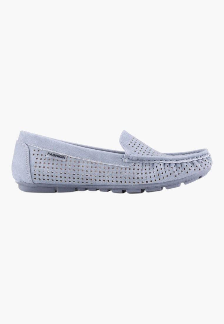 Side view of gray women's moccasins in casual style, easy to wear.