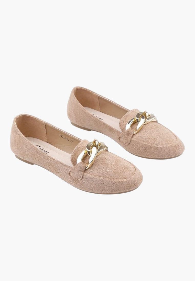 Front view of beige suede loafers with gold chain detail