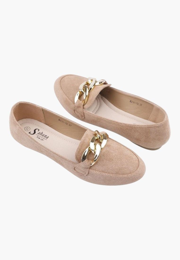 Front view of beige suede loafers with gold chain detail