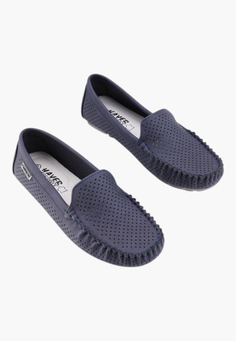 Front view of navy slip-on shoes with a simple design on a white background