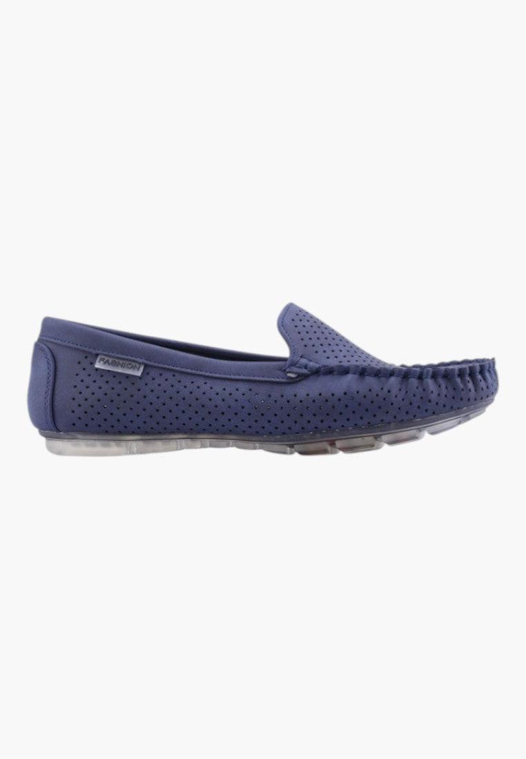 Side view of blue loafers with a soft material and slip-on design