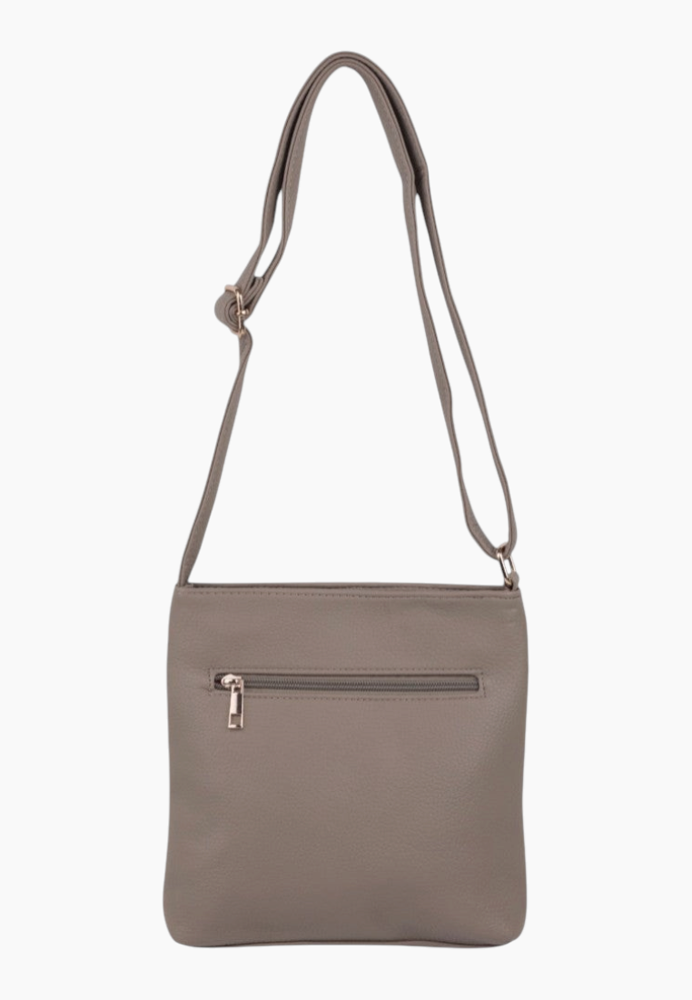 Back view of the gray shoulder bag with a smooth finish and a single zipper pocket.