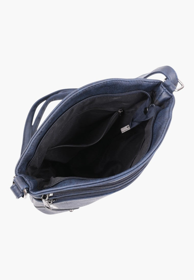 Widok z góry otwartej granatowej torebki crossbody z zamkiem błyskawicznym i wewnętrzną kieszenią.