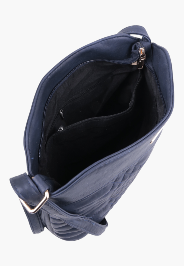 Detail of navy faux leather bag with two compartments and secure zipper closure.