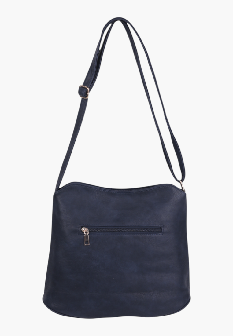 Front view of navy faux leather crossbody messenger bag with adjustable strap and zippered back pocket.
