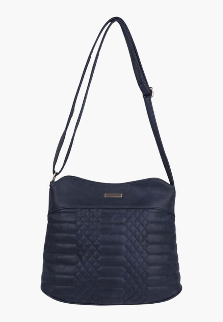 Front view of navy blue faux leather crossbody bag with two compartments and adjustable strap.