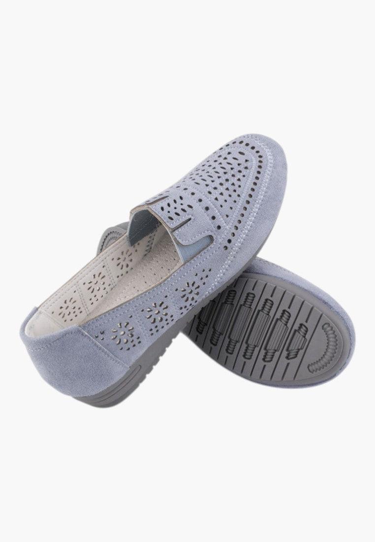 Overall view of blue casual moccasins with an aerated design.