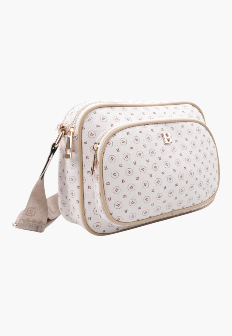 Front view of the off-white crossbody bag featuring a monogram pattern and gold hardware.