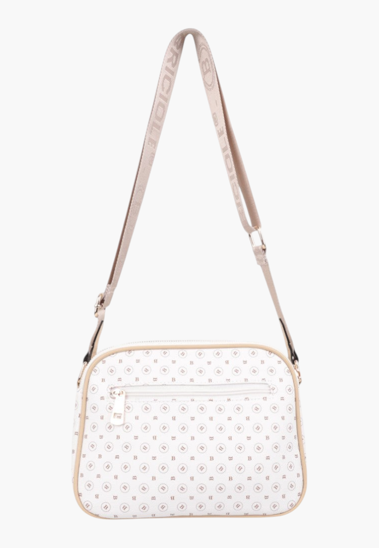 Front view of the off-white crossbody bag with a repeating monogram pattern and adjustable strap.