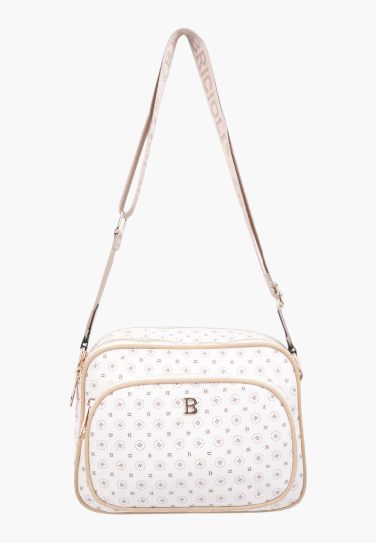 Other angle of the off-white crossbody bag highlighting the detachable strap and monogram pattern.