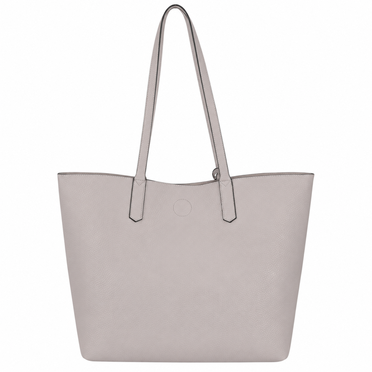 Back view of a light gray tote bag against a white background.