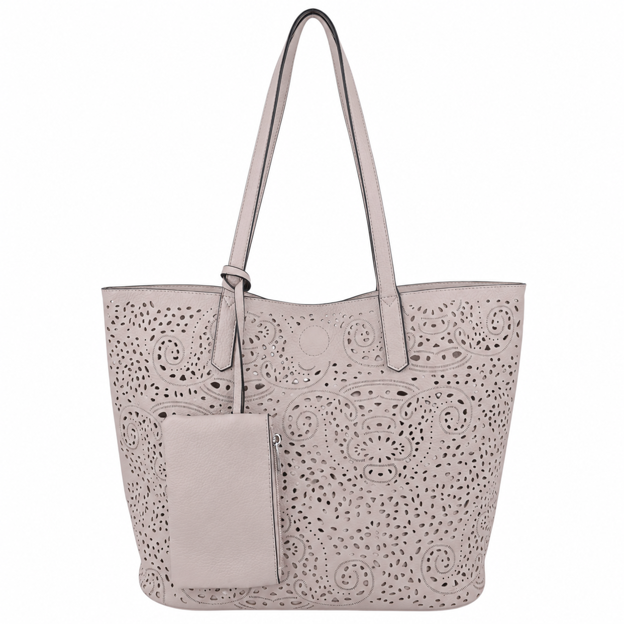 Front view of a light gray tote bag with an embossed pattern and detachable tag.