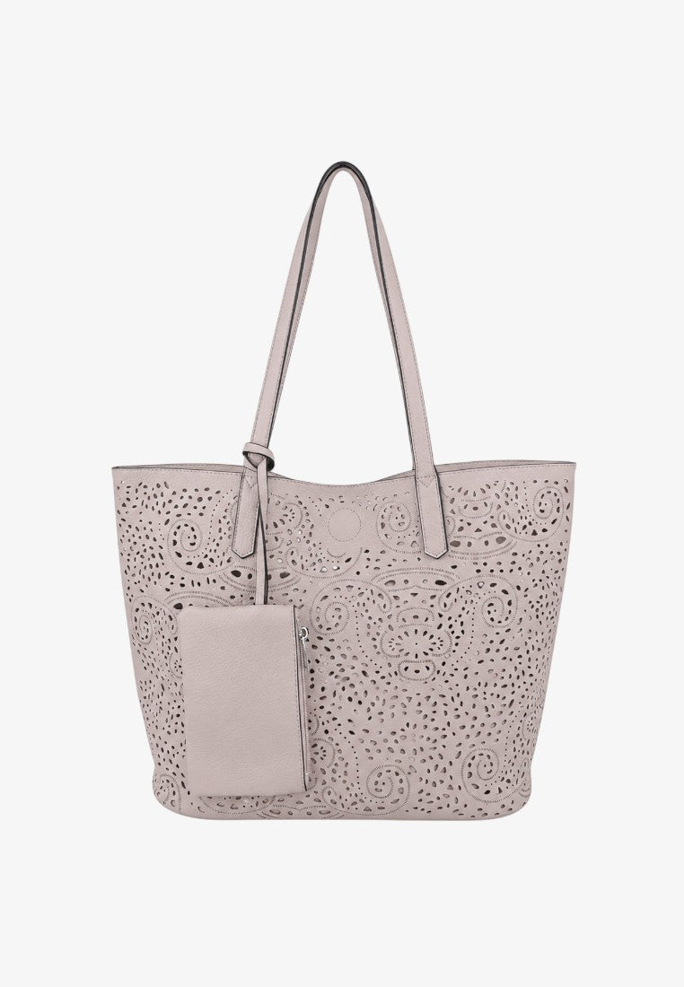 Front view of a light gray tote bag with an embossed pattern and detachable tag.