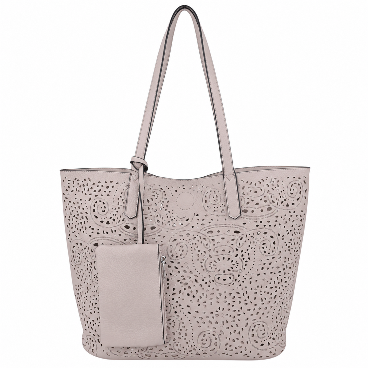 Front view of a light gray tote bag with an embossed pattern and detachable tag.