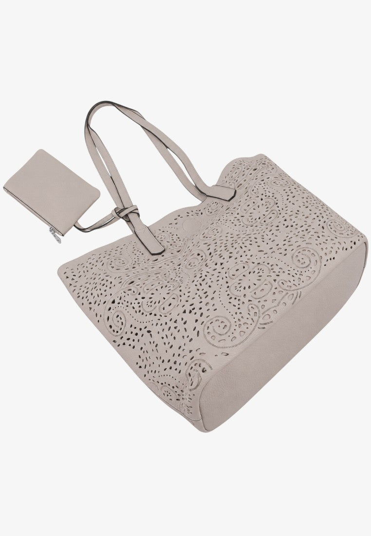 Side view of a light gray tote bag showcasing its design.