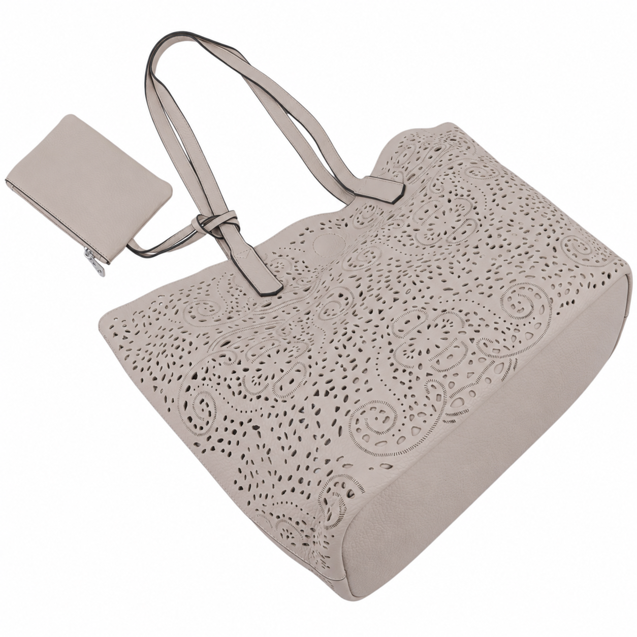 Side view of a light gray tote bag showcasing its design.