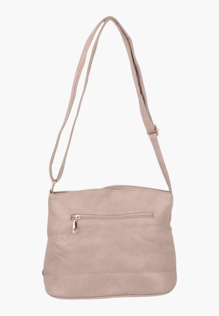 Back view of a beige handbag with a simple design and adjustable strap.
