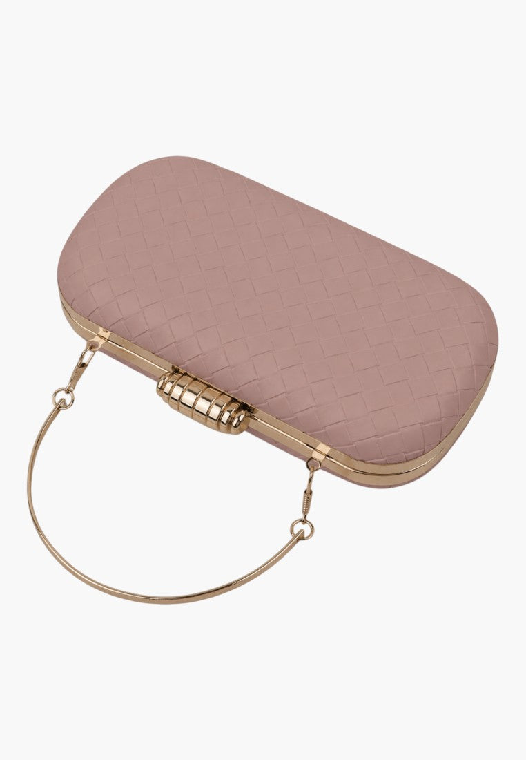 Back view of a pink clutch bag with a gold handle and smooth texture on a white background.