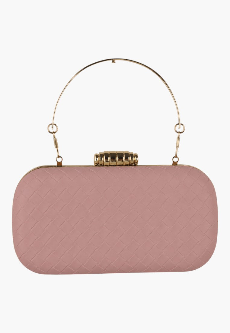 Front view of a pink clutch bag with a gold handle on a white background.