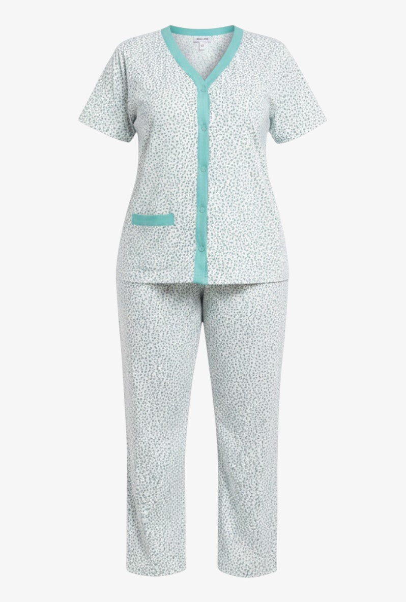 Front view of floral print cotton pajamas in light blue and green colors.