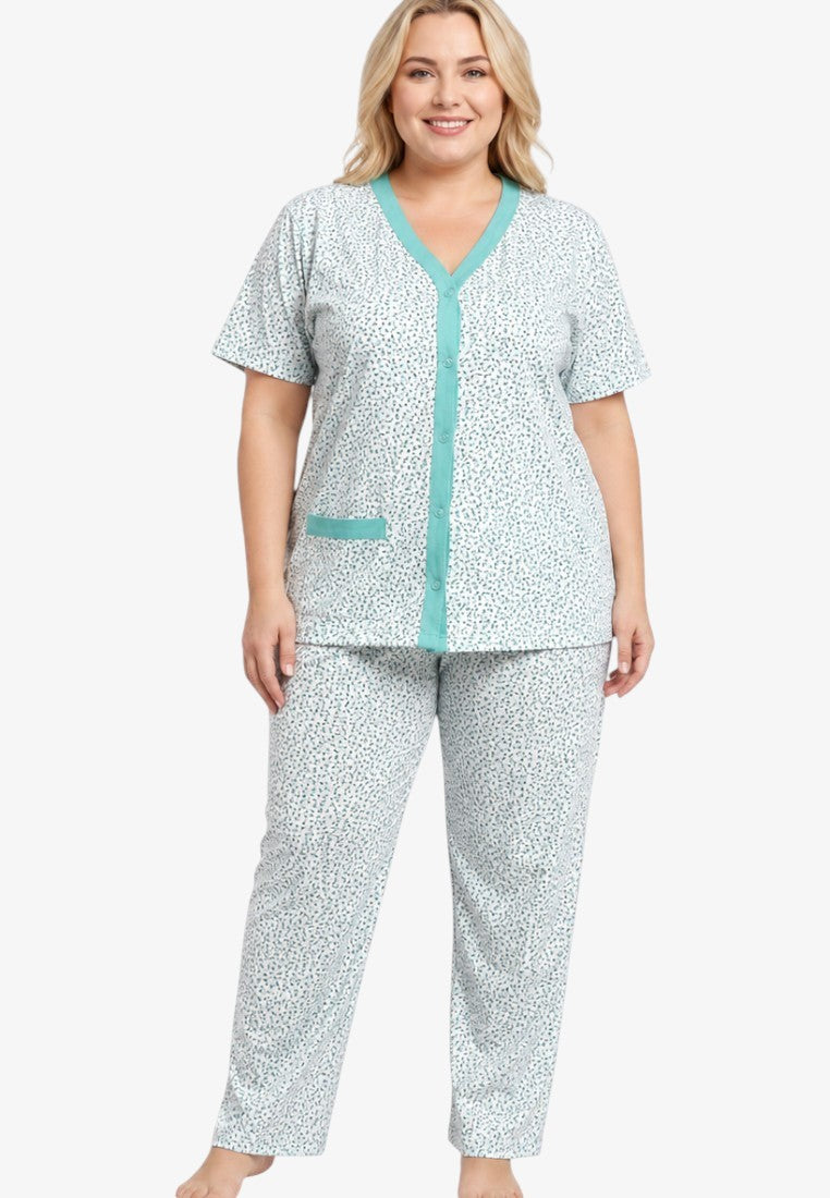 Front view of light blue pajamas with a round neckline and long sleeves.