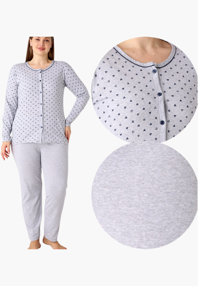 Detail view of plus size cotton pajama set with button-down top and grey heart print trousers.
