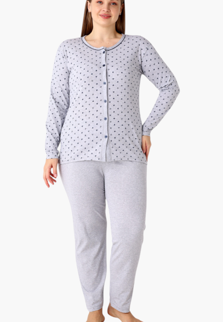 Front view of plus size cotton pajama set featuring a grey heart print and button-up top.