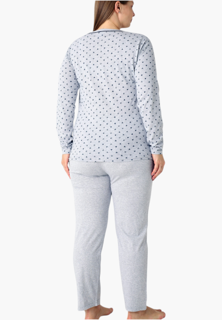 Back view of plus size women's cotton pajama set in grey with a subtle heart pattern.