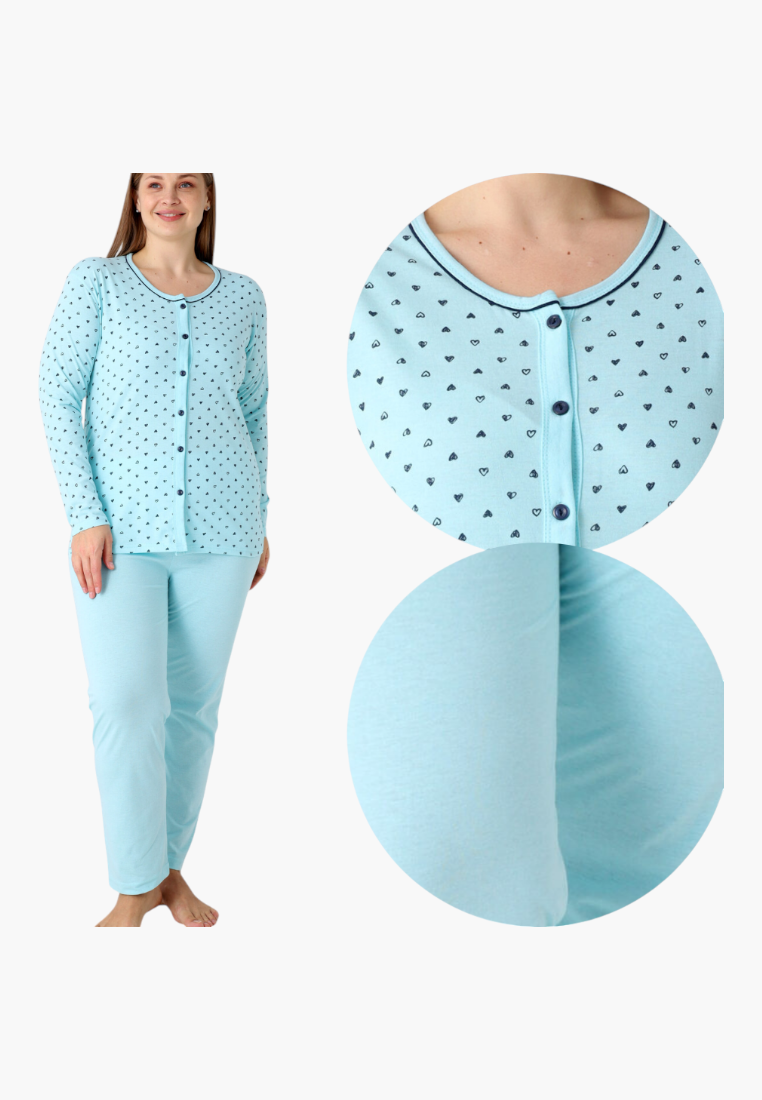 Front view of light blue cotton pajama set with long sleeves and small heart pattern.