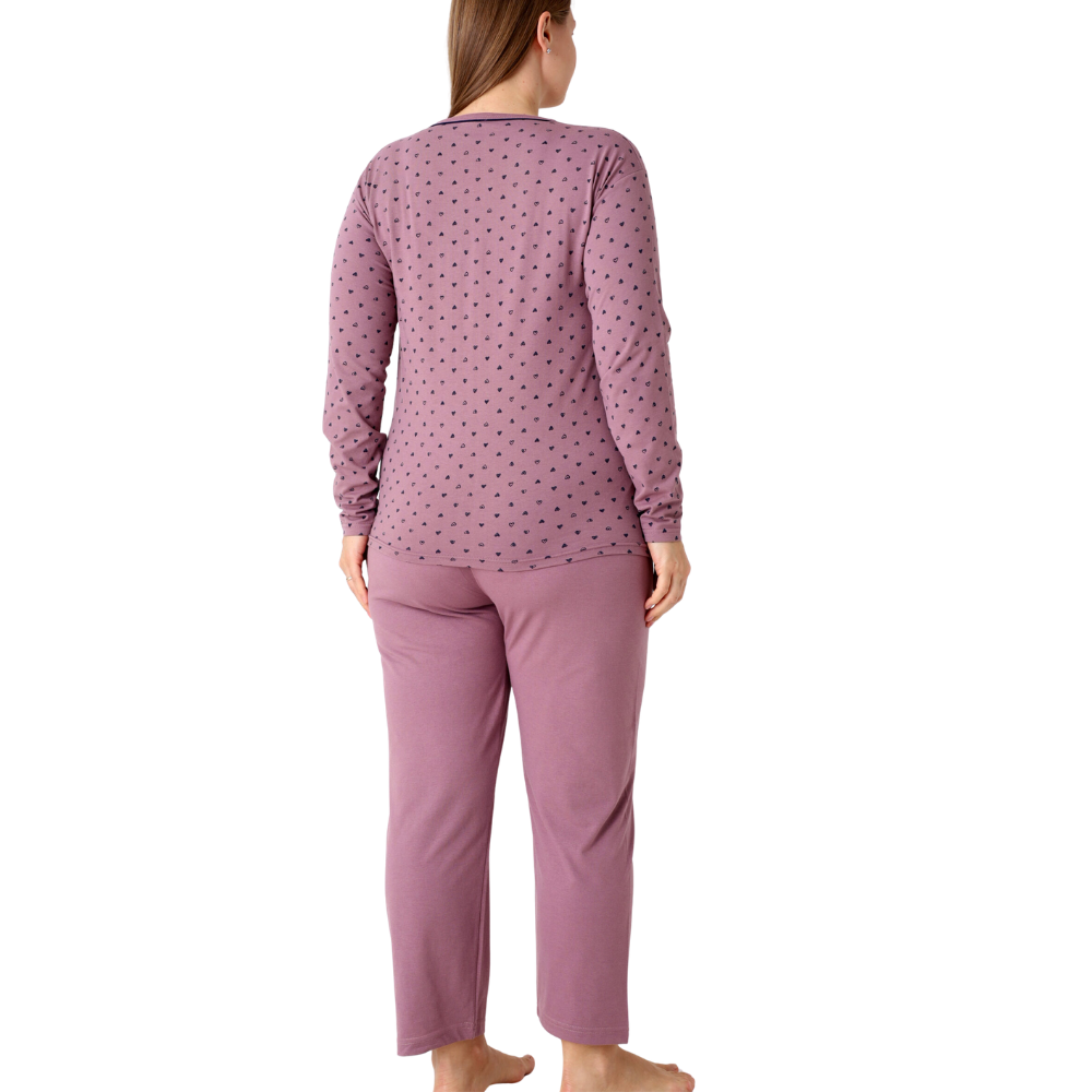 Front view of the purple pajama set showcasing button closure and polka dots.