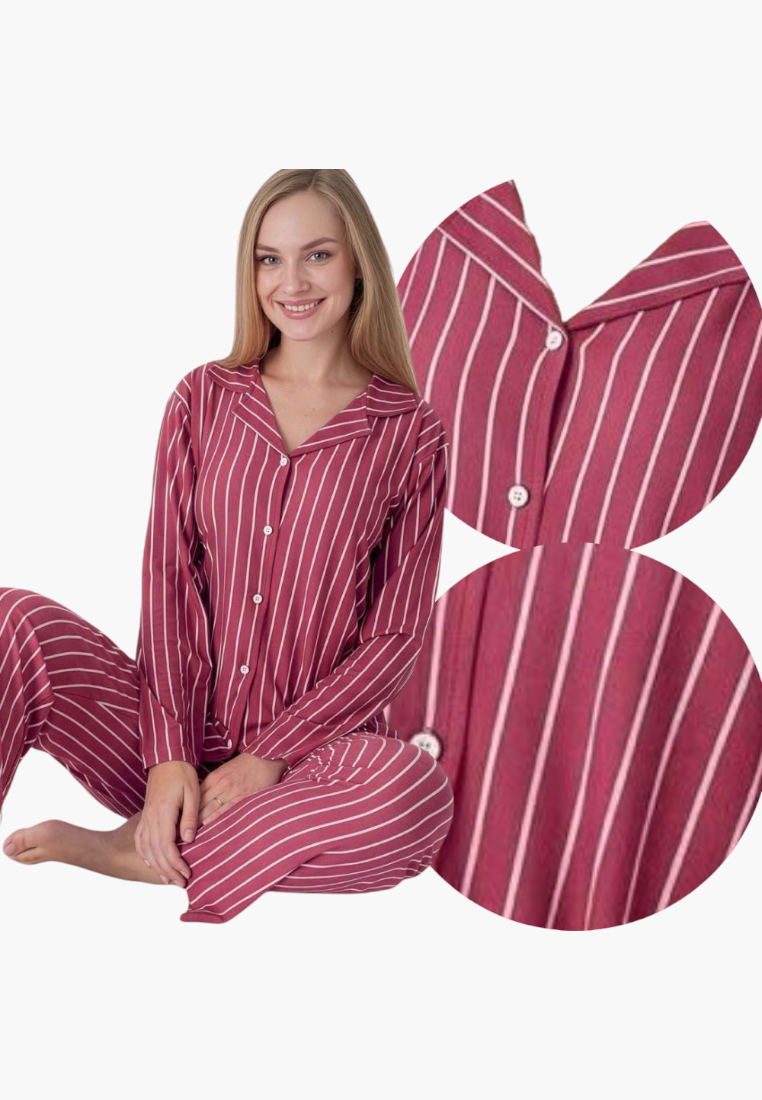 Lifestyle shot of a striped pajama set in red and white with long sleeves.