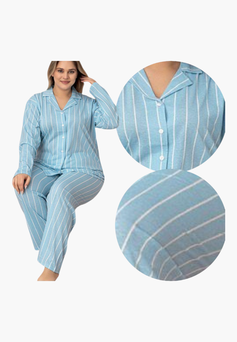 Detail of blue striped pajamas with button closure and long sleeves on a white background.