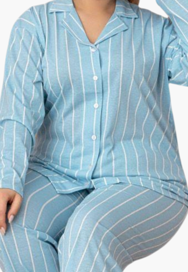 Front view of blue striped pajamas showcasing button closure and long sleeves.