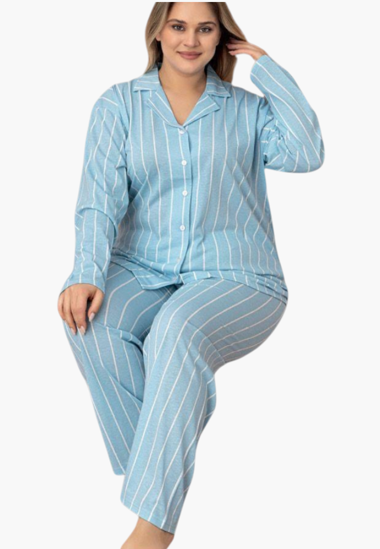 Side view of blue striped pajamas featuring button closure and long sleeves.