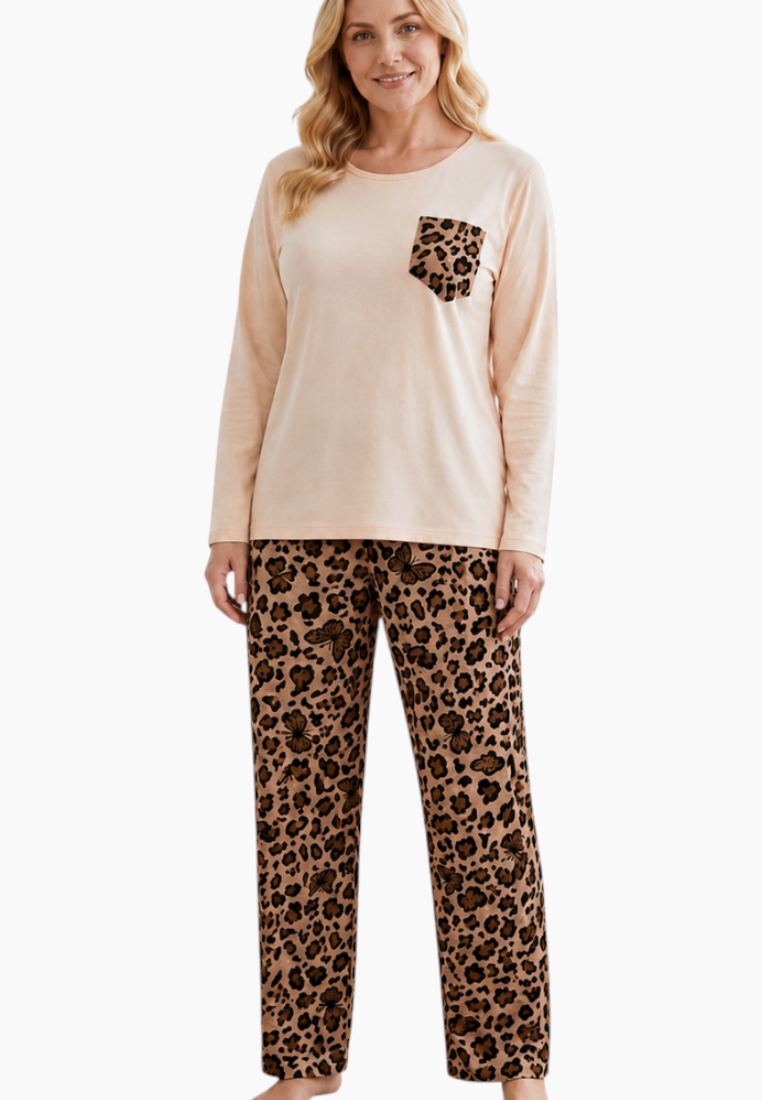 Front view of beige and brown leopard print pajamas featuring long sleeves.
