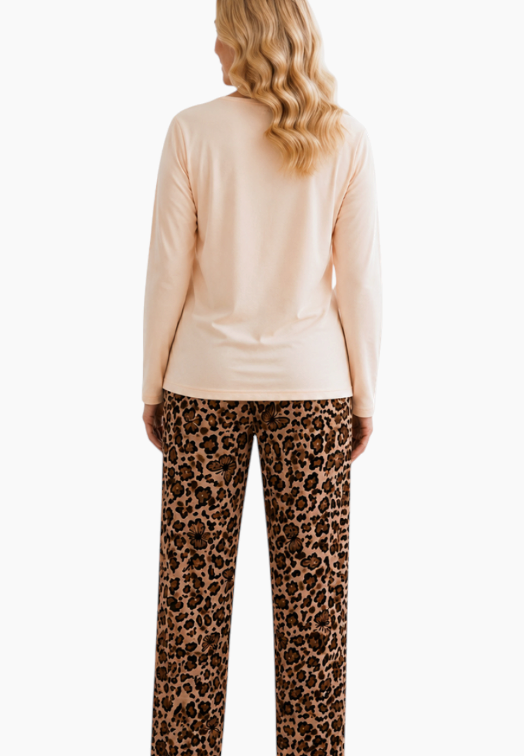 Front view of beige and brown leopard print pajamas with long sleeves.
