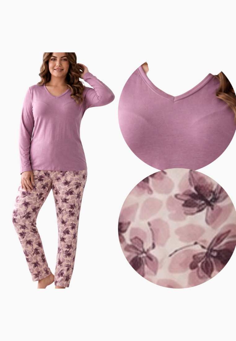 Detail of the purple and pink pajama set with floral print on a white background.