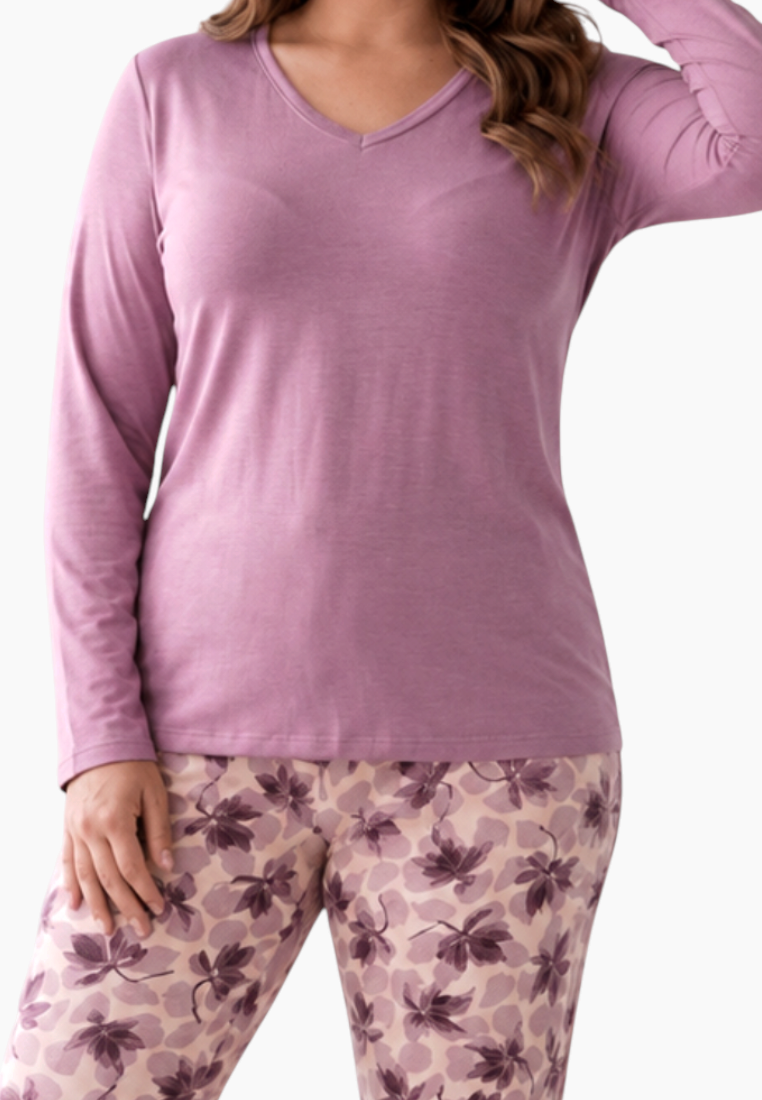 Side view of the purple pajama set highlighting the floral print design.