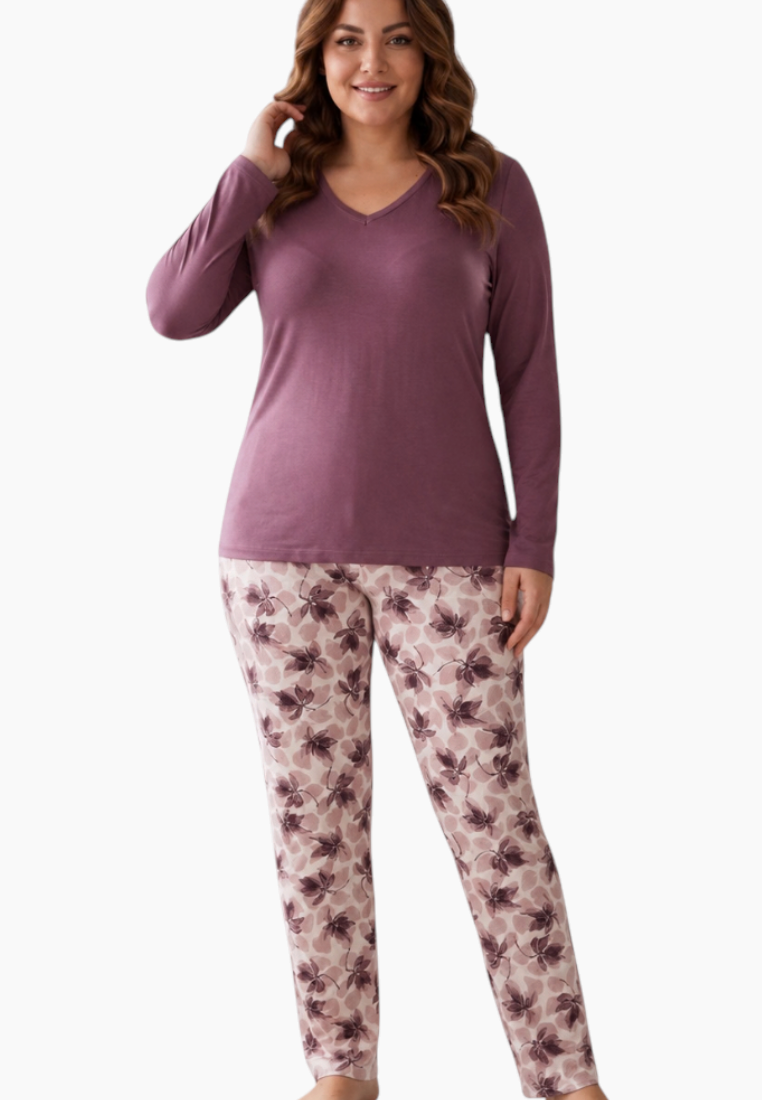 Front view of a purple pajama set featuring a V-neck top and floral print pants.