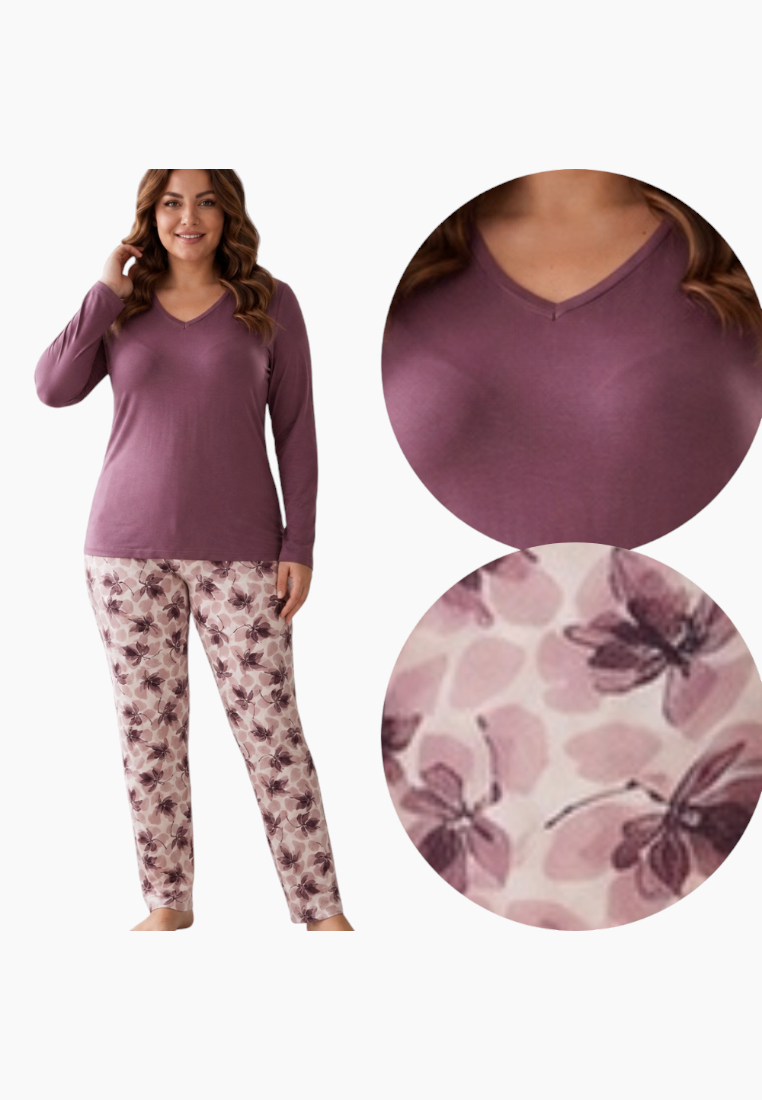 Lifestyle shot of a purple pajama set with floral print pants.