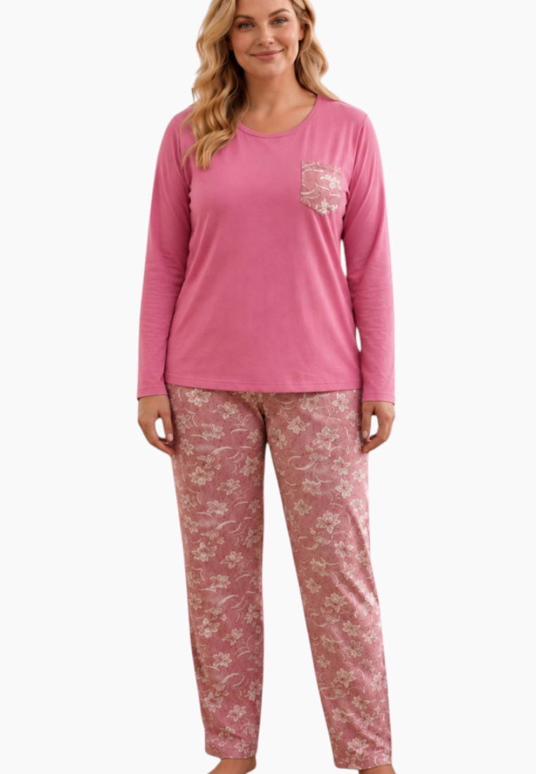 Front view of a pink floral pajama set with long sleeves on a white background.