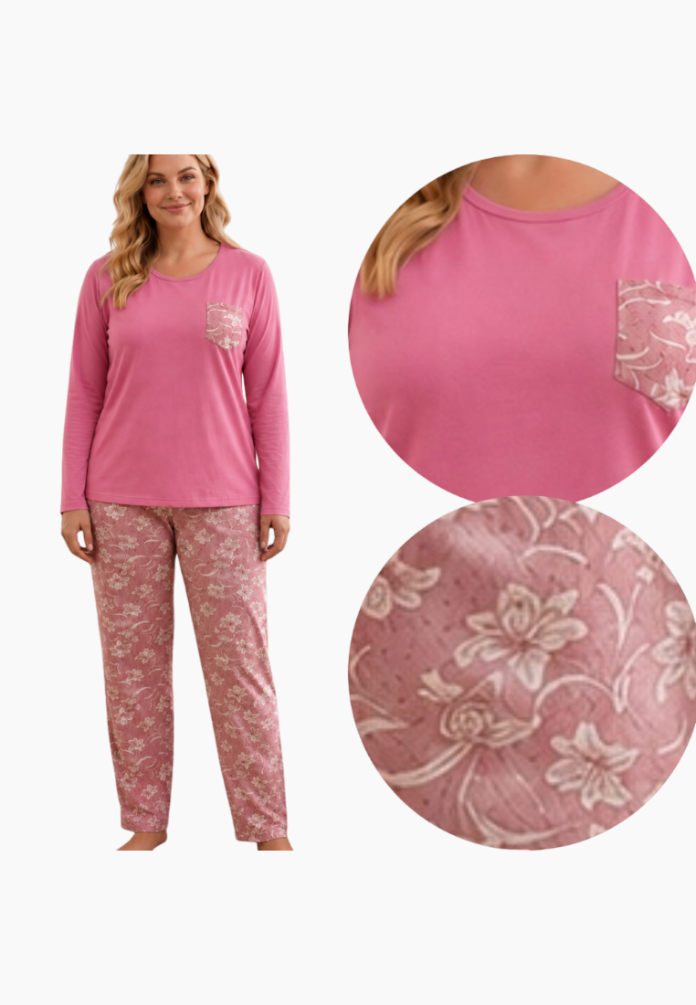 Lifestyle shot of a pink floral pajama set with long sleeves.