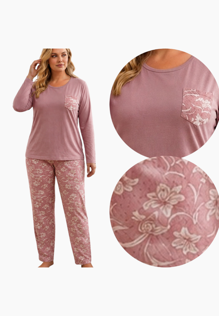 Lifestyle shot of a women's pajama set in pink and white with long sleeves and floral pattern.