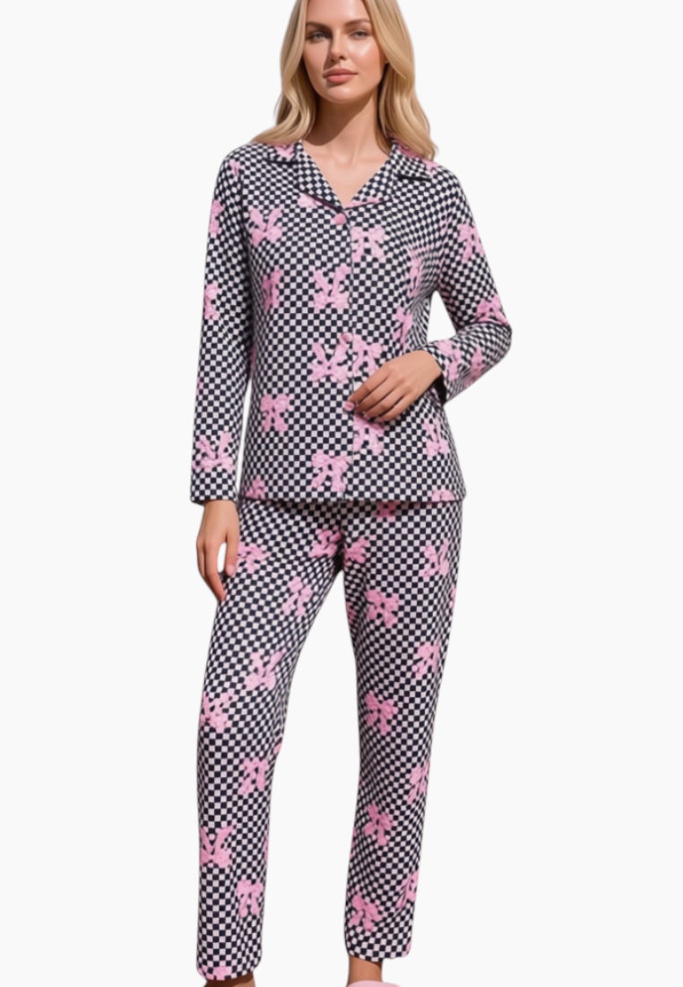 Side view of women's pajamas in gray, pink, and black featuring a checkered pattern and bow prints.